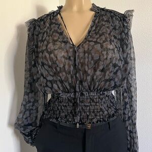 Free People Sheer Smocked Blouse Gray Animal Print Size M